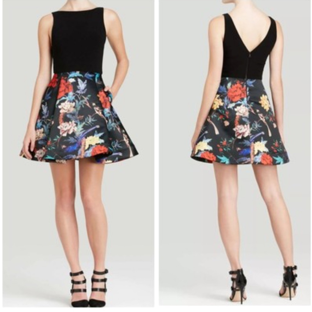 Alice + Olivia Amabel Birds print pleat Dress Black Multicolor women’s size 6